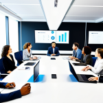 **A diverse team of professionals collaborating in a modern, brightly lit hybrid office environment.** Men and women of various ethnicities are depicted, some seated at a sleek conference table engaged in discussion, while others are visible on large digital screens, signifying seamless remote participation. They are looking at shared project data and interacting with each other, conveying a strong sense of teamwork and a shared vision. All individuals are in modest business attire and professional dress. The scene emphasizes harmony and effective communication in a global context. High-resolution, professional photography, soft studio lighting, sharp focus, safe for work, appropriate content, fully clothed, professional, perfect anatomy, correct proportions, natural pose, well-formed hands, proper finger count, natural body proportions.