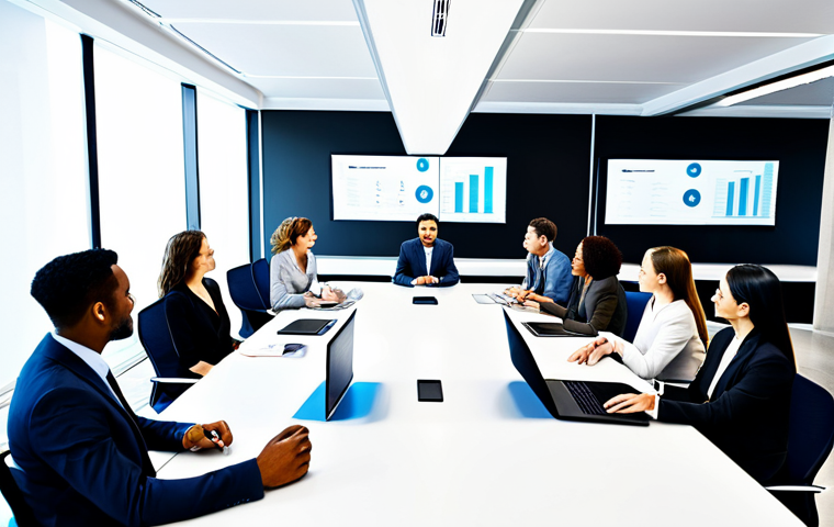 **A diverse team of professionals collaborating in a modern, brightly lit hybrid office environment.** Men and women of various ethnicities are depicted, some seated at a sleek conference table engaged in discussion, while others are visible on large digital screens, signifying seamless remote participation. They are looking at shared project data and interacting with each other, conveying a strong sense of teamwork and a shared vision. All individuals are in modest business attire and professional dress. The scene emphasizes harmony and effective communication in a global context. High-resolution, professional photography, soft studio lighting, sharp focus, safe for work, appropriate content, fully clothed, professional, perfect anatomy, correct proportions, natural pose, well-formed hands, proper finger count, natural body proportions.