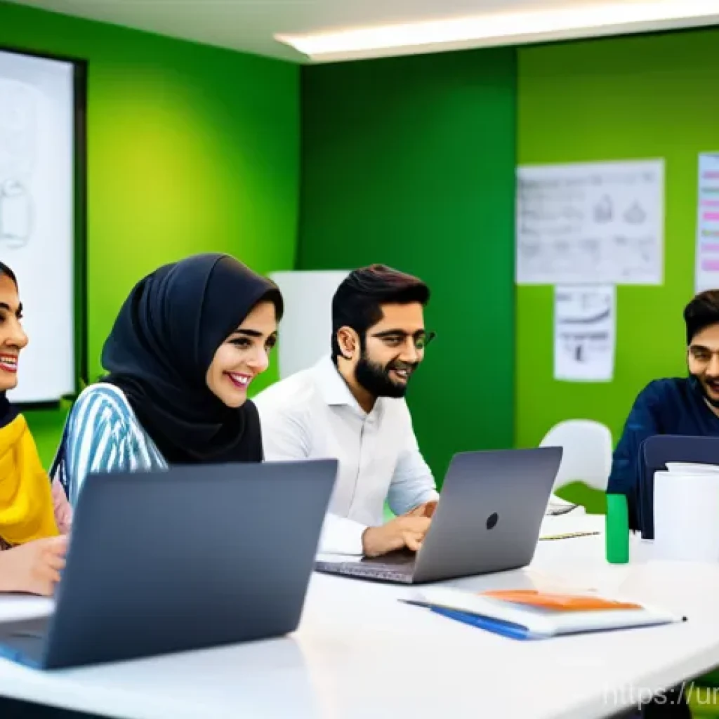 협력적 창의성의 글로벌 트렌드 - **Prompt:** A vibrant, diverse group of young Pakistani entrepreneurs, both men and women, in a mode...
