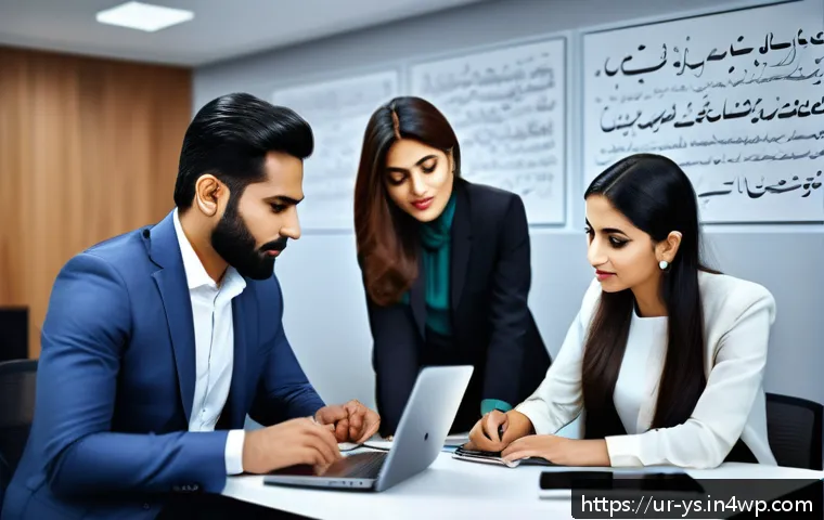 협력적 창의성을 위한 의사결정 기법 - A diverse team of professional Urdu-speaking men and women in modern office attire, engaged in a dyn...