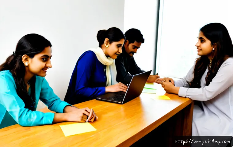 Home 17 협력적 창의성을 촉진하는 피어 리뷰 시스템 - Photorealistic peer review workshop in a bright modern Karachi co-working studio, four diverse Pakis...